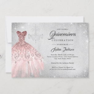 Convites Vestido de renda de diamante em rosa dourado prata