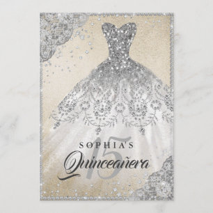 Convites Vestido de renda de ouro prata diamante brilho Qui