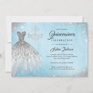 Convites Vestido de renda diamante prata azul Quinceanera