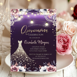 Convites Vestido de renda e diamantes Floral Quinceañera Ro