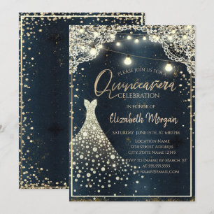 Convites Vestido de Renda Rústica, Luzes, Diamantes Azul Qu