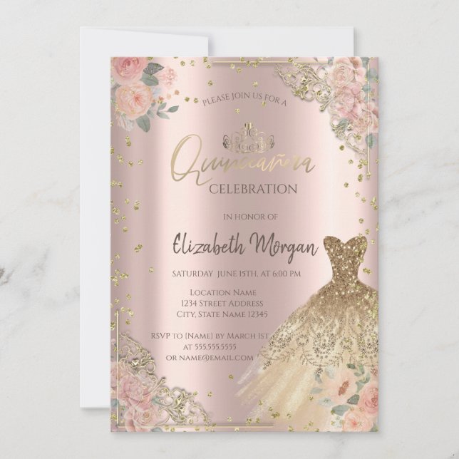 Convites Vestido de Rosas Diamantes Boho Rosa Dourado (Frente)