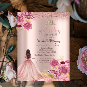 Convites Vestido de Rosas Rosadas Brilho em Rosa Dourado  S