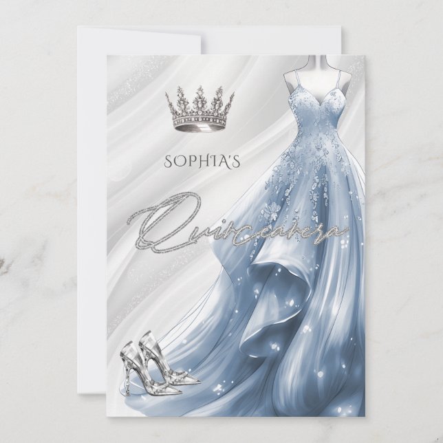 Convites Vestido de Silver Dusty Blue Sparkle Quinceañera (Frente)