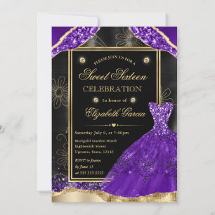 Convites Vestido de Sweet Sixteen com Lantejoulas Douradas 