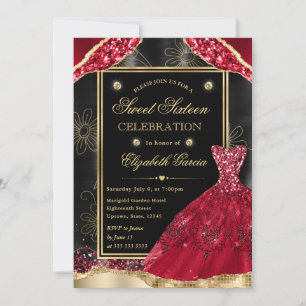 Convites Vestido de Sweet Sixteen com Lantejoulas Douradas 
