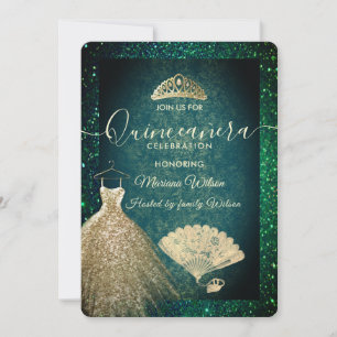 Convites Vestido de tiara Dourado verde Quinceañera