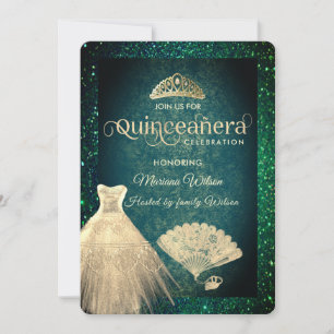 Convites Vestido de tiara Dourado verde Quinceañera
