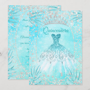 Convites Vestido de Tiarra Azul Teal para Quinceanera Inver