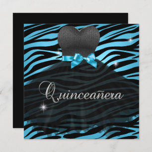 Convites Vestido de Zebra Negra 15 azul-Quinceanera