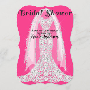 Convites Vestido Diamante Rosa Quente Preto Glam Chá de Noi