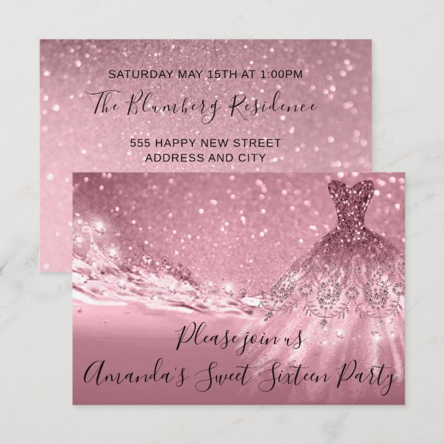 Convites Vestido do Oceano Glitter, Rosa-Rosa, de 16ª Festa (Frente/Verso)