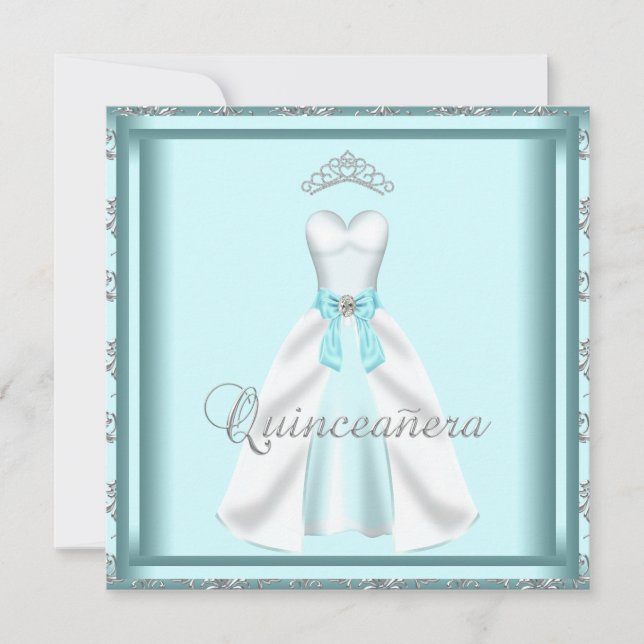Convites Vestido do Partido Tiara Teal Damask Quinceanera (Frente)