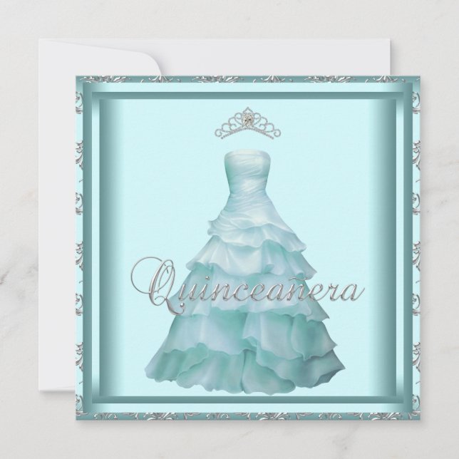 Convites Vestido do Partido Tiara Teal Damask Quinceanera (Frente)