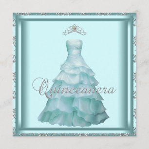 Convites Vestido do Partido Tiara Teal Damask Quinceanera