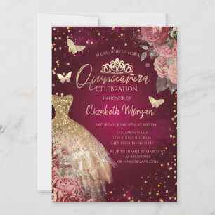 Convites Vestido Dourado, Borboletas Flores Vermelhas Quinc