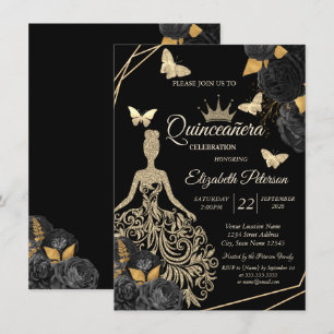 Convites Vestido Dourado, Borboletas Rosas Pretas Quinceañe