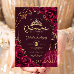Convites Vestido Dourado Borgonha de Quinceanera Floral