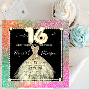 Convites Vestido Dourado Chic Brilho Colorido Sweet 16