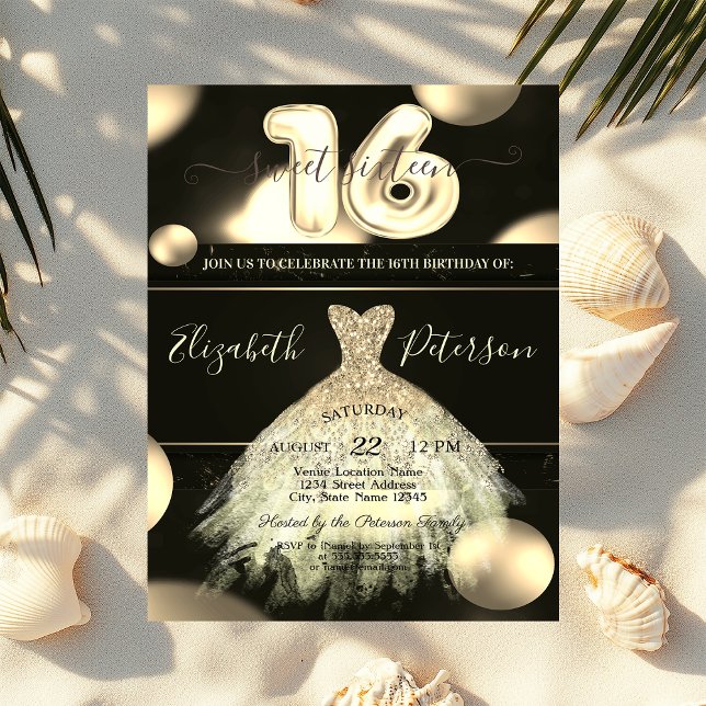 Convites Vestido Dourado Chic Pontos Confetti Doce 16 (Criador carregado)