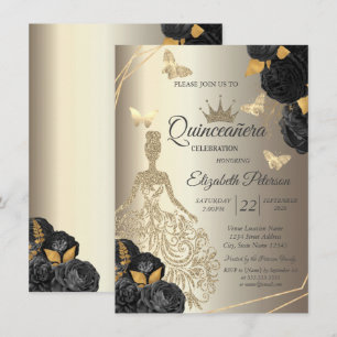 Convites Vestido Dourado Chic, Rosas Pretas Borboleta Quinc