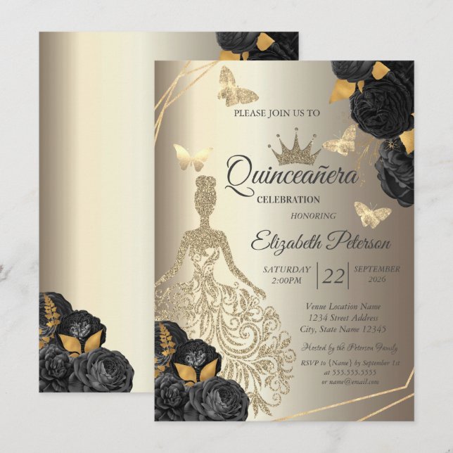Convites Vestido Dourado Chic, Rosas Pretas Borboleta Quinc (Frente/Verso)