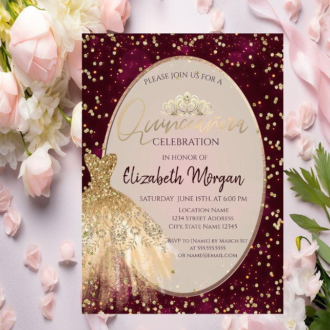 Convites Vestido Dourado Chic Tiara, Quinceañera Vermelha (Criador carregado)