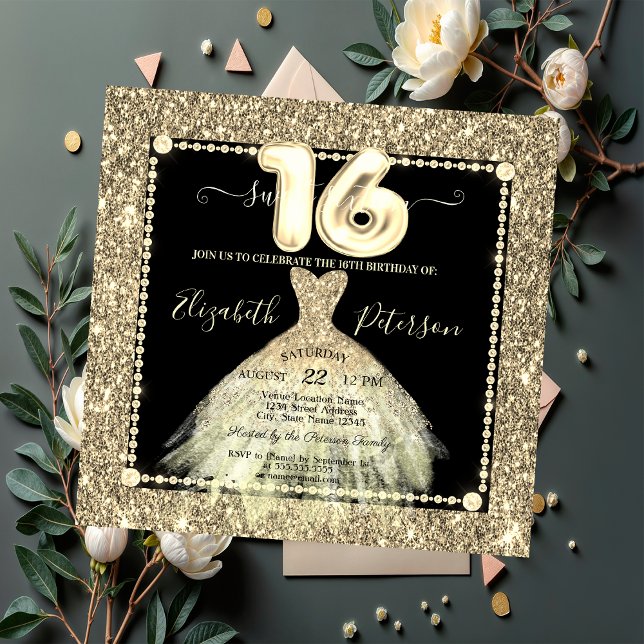 Convites Vestido Dourado Chique Brilho Doce 16 (Criador carregado)