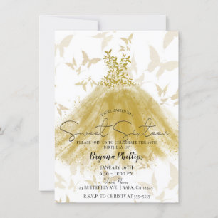 Convites Vestido Dourado Dança da Borboleta Festa Sweet 16