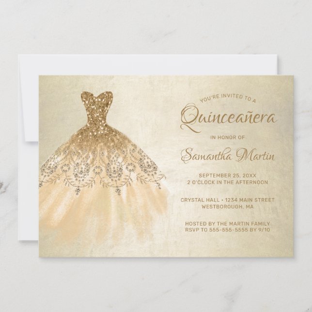 Convites Vestido Dourado de Quinto-Câmera no Partido Dourad (Frente)
