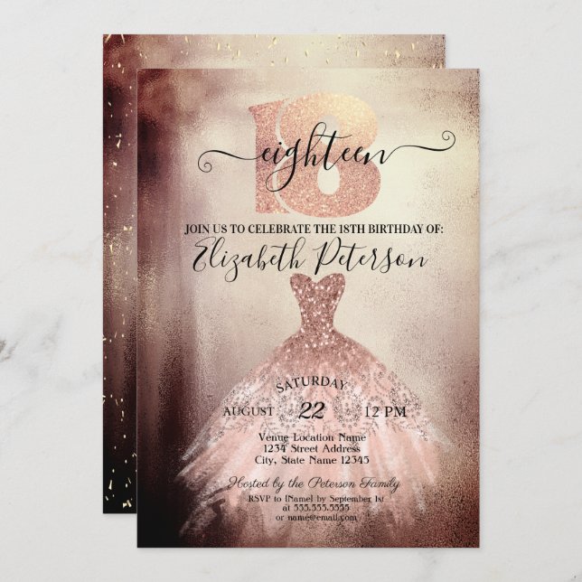Convites Vestido Dourado de Rosa Chic Confetti 18º Aniversá (Frente/Verso)