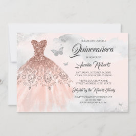 Convites Vestido Dourado de Rosa de Prata Quinceanera
