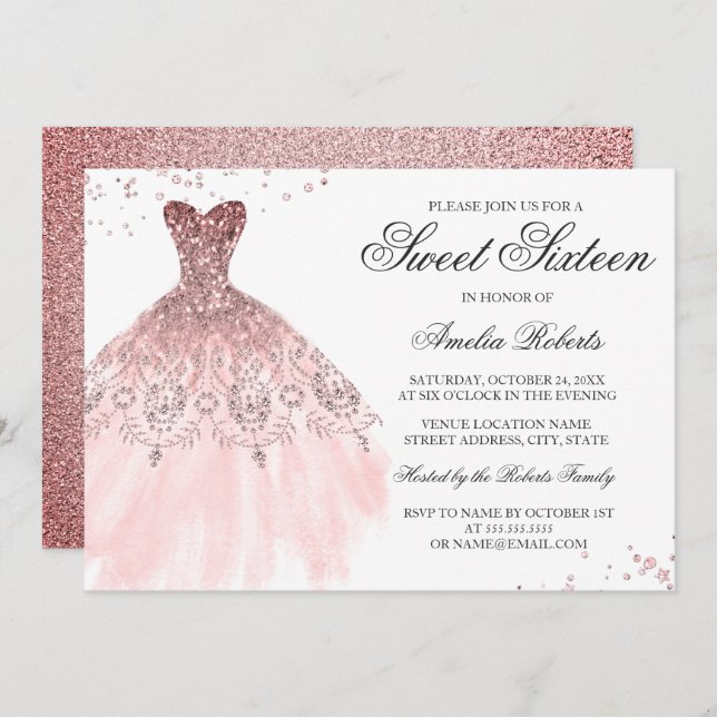 Convites Vestido Dourado de Rosa Sparkle Doce Doce Dezessei (Frente/Verso)