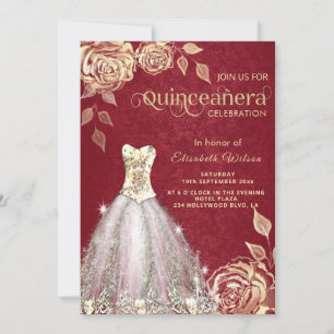 Convites Vestido Dourado de rosas vermelho Quinceañera