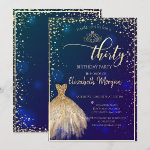Convites Vestido Dourado,Diamantes Azul Aniversário de 30 a
