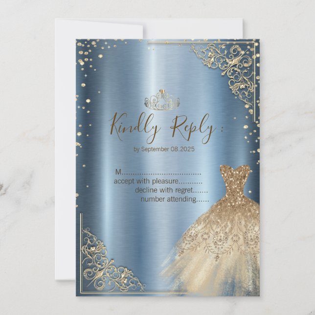 Convites Vestido Dourado Diamantes Azul RSVP (Frente)