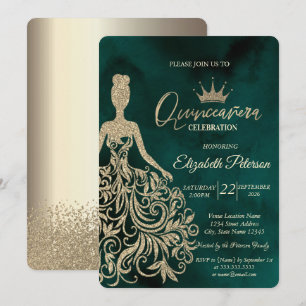 Convites Vestido Dourado, Diamantes Champanhe Verde Quincea