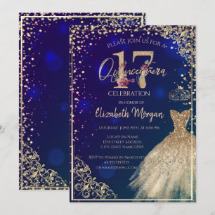 Convites Vestido Dourado Diamantes Floral Azul Quinceañera