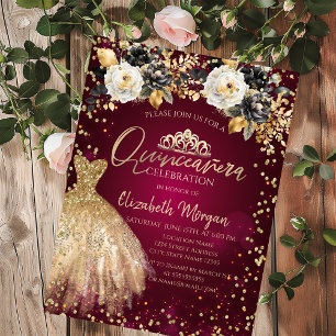 Convites Vestido Dourado Diamantes Flores Burgundy Quinceañ