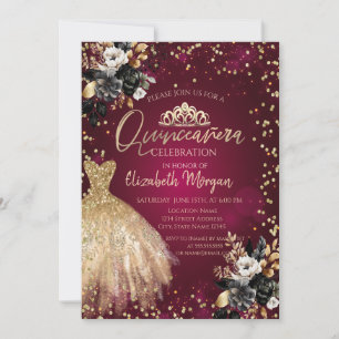 Convites Vestido Dourado ,Diamantes Rosas Pretas Quinceañer