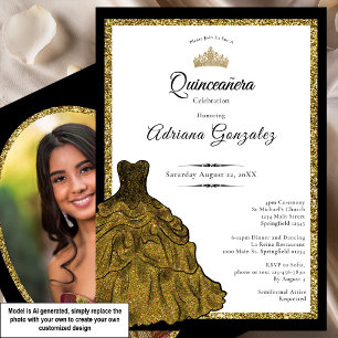 Convites Vestido Dourado e Tiara Foto Personalizada Quincea