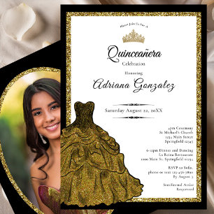 Convites Vestido Dourado e Tiara Foto Personalizada Quincea