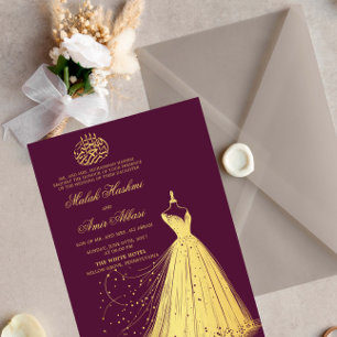 Convites Vestido Dourado Elegante Casamento Islâmico de ame