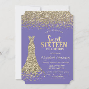 Convites Vestido Dourado Elegante Diamantes Lavanda Doce 16
