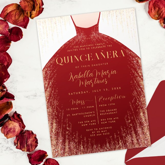 Convites Vestido Dourado Elegante Quinceañera (Elegant Red Gold Glitter Dress Quinceañera Invitation)