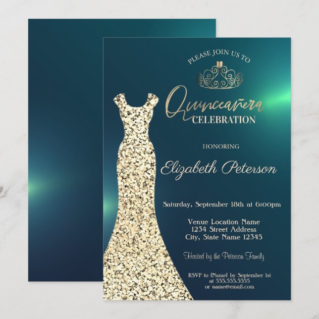 Convites Vestido Dourado Elegante, Tiara Green Quinceañera (Frente/Verso)