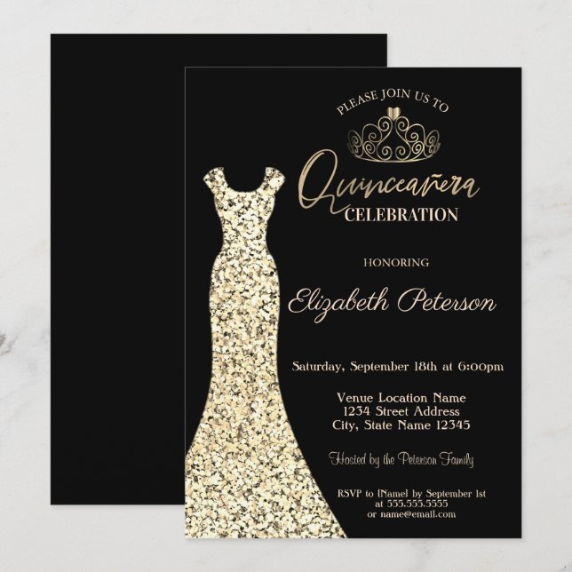 Convites Vestido Dourado Elegante, Tiara Quinceañera (Frente/Verso)