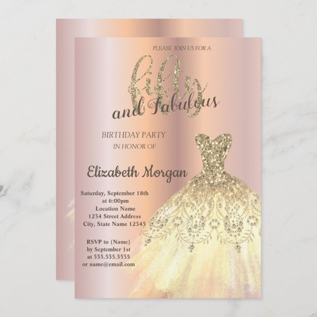 Convites Vestido Dourado, Festa de aniversário Dourada 50ª  (Frente/Verso)