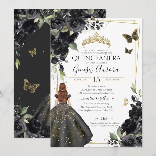 Convites Vestido Dourado Floral de Quinceañera Black (Frente/Verso)