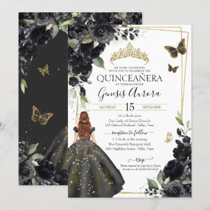 Convites Vestido Dourado Floral de Quinceañera Black